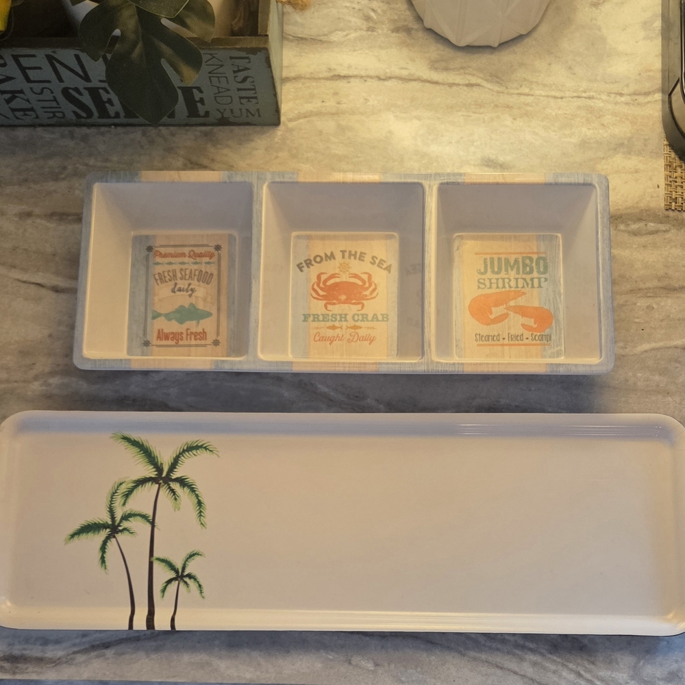 Coaatal Serveware Set with Palm and Seafood Design